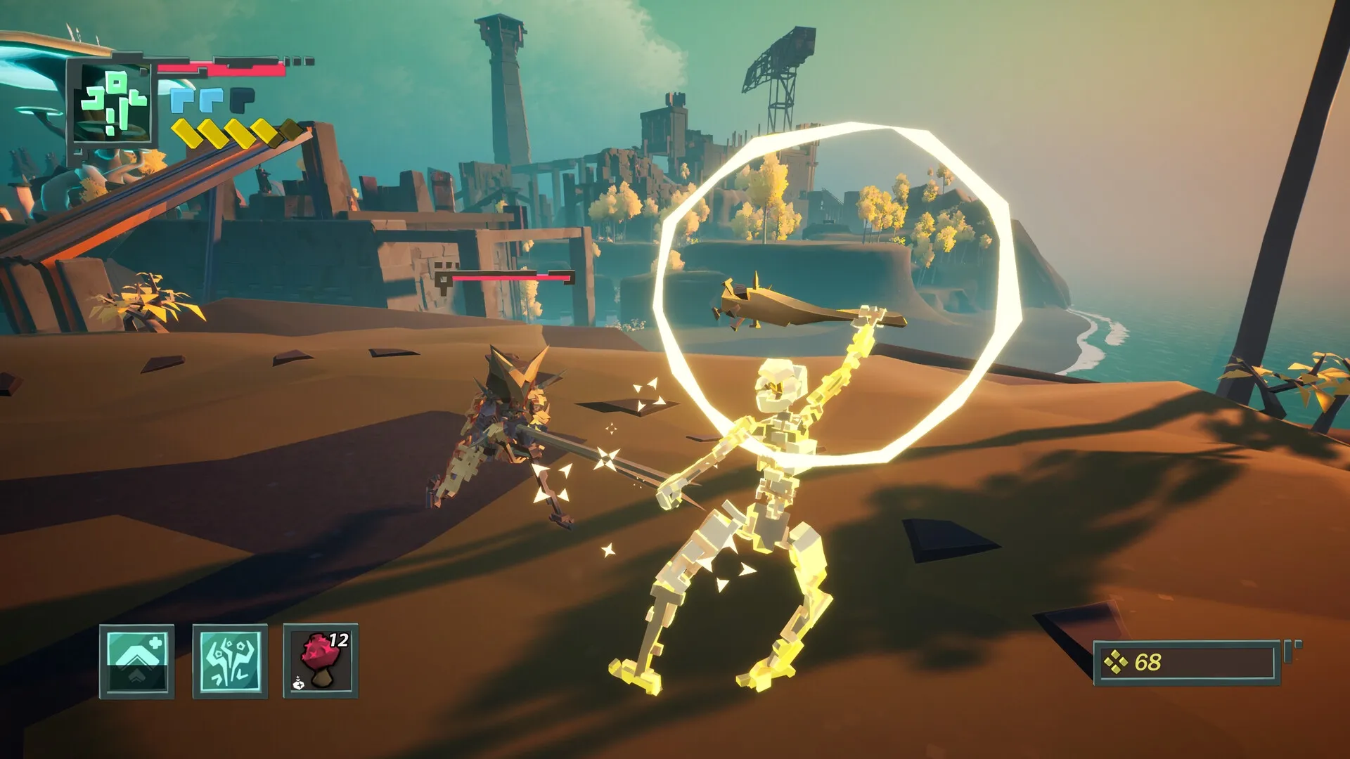 MycoRelic: Combat with glowing skeleton robot on a sandy beach near ruins with UI health bars visible