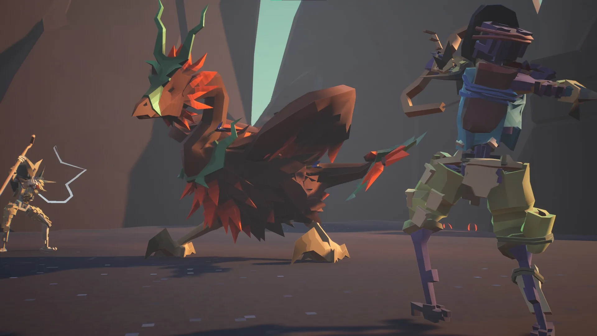 MycoRelic: Tribesmen and a giant bird monster clash in a rocky cavern setting