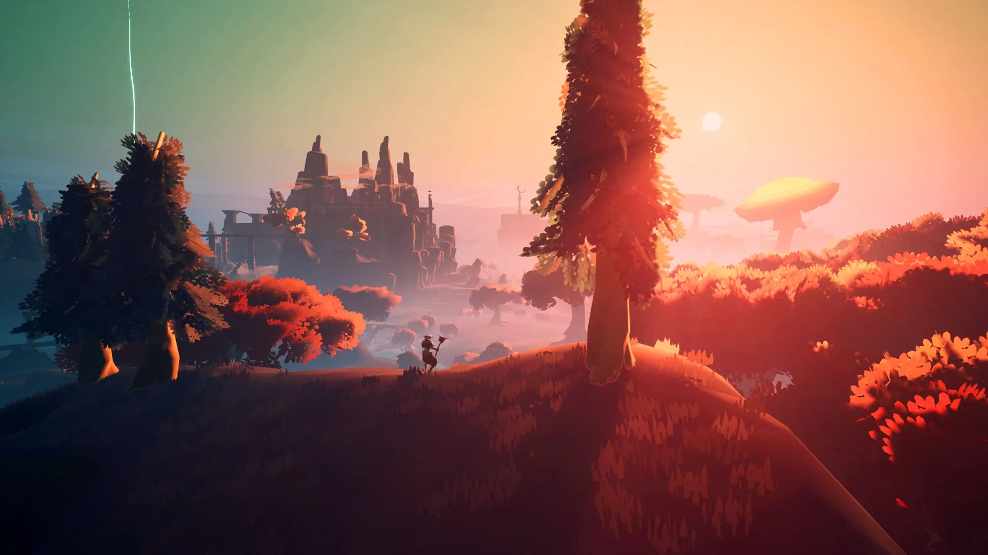 MycoRelic: Lone player exploring vibrant forest landscape with ruins and sunset in the background