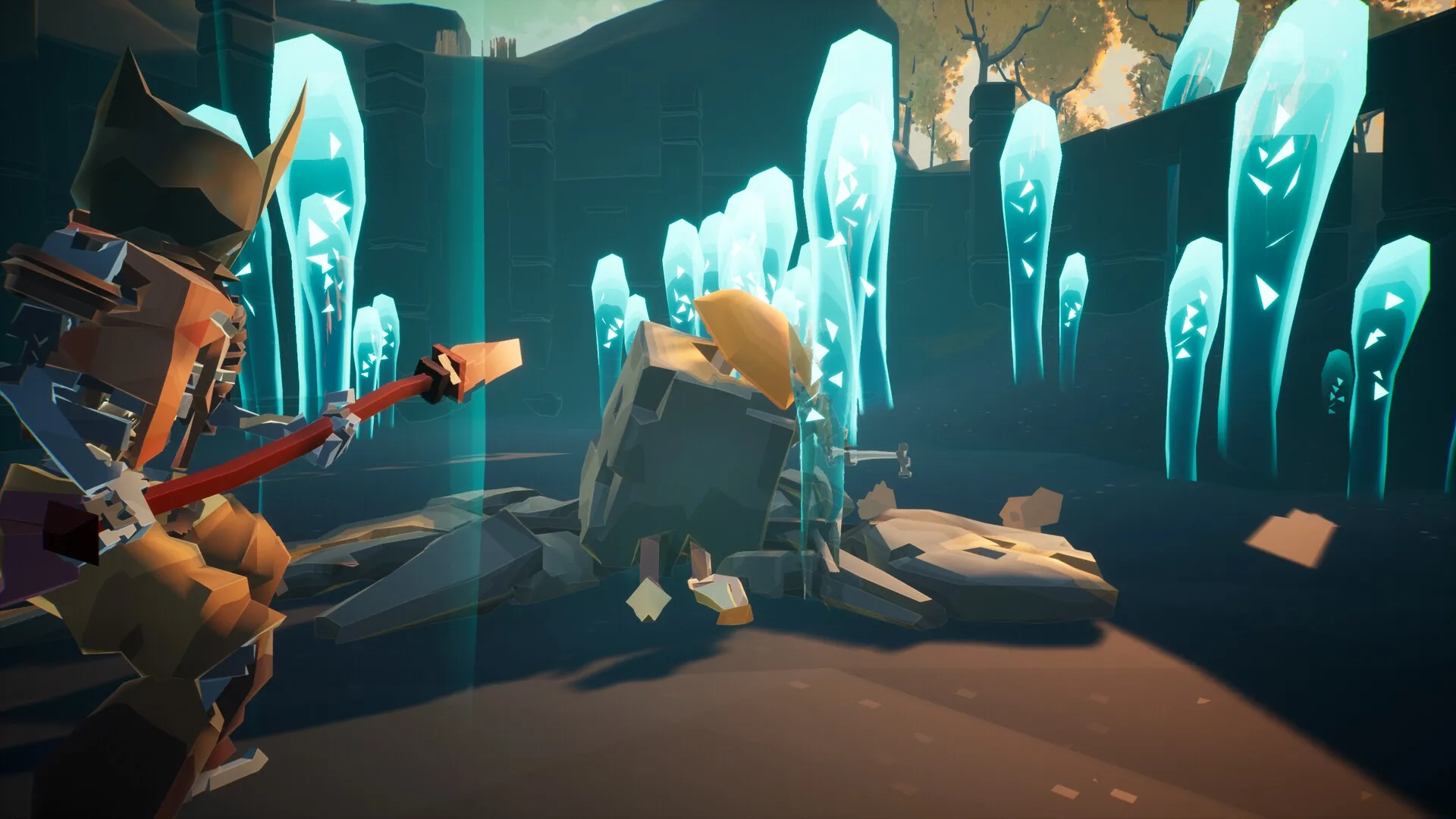 MycoRelic: Player character explores ruins surrounded by glowing crystals and fallen stone golem