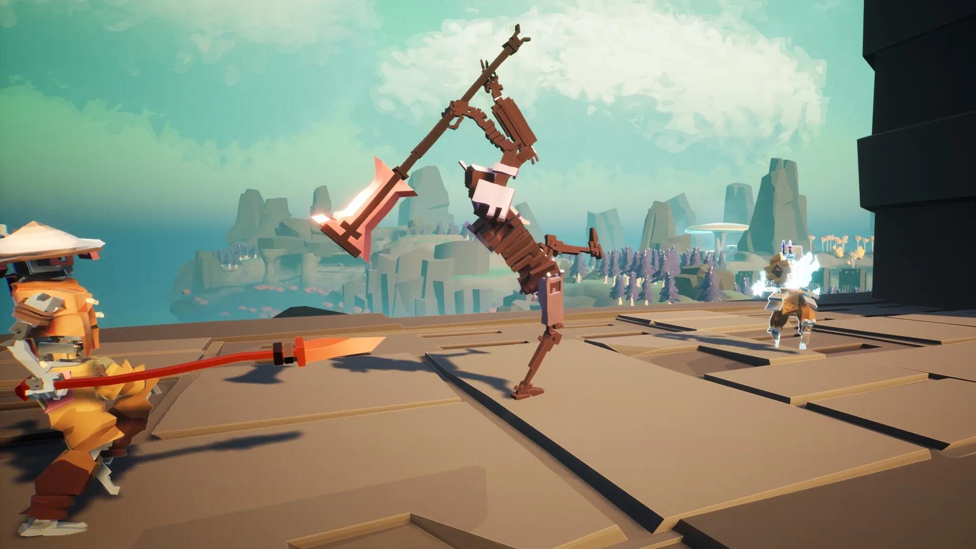 MycoRelic: Two mushroom robots in combat on a temple platform with distant islands in the background
