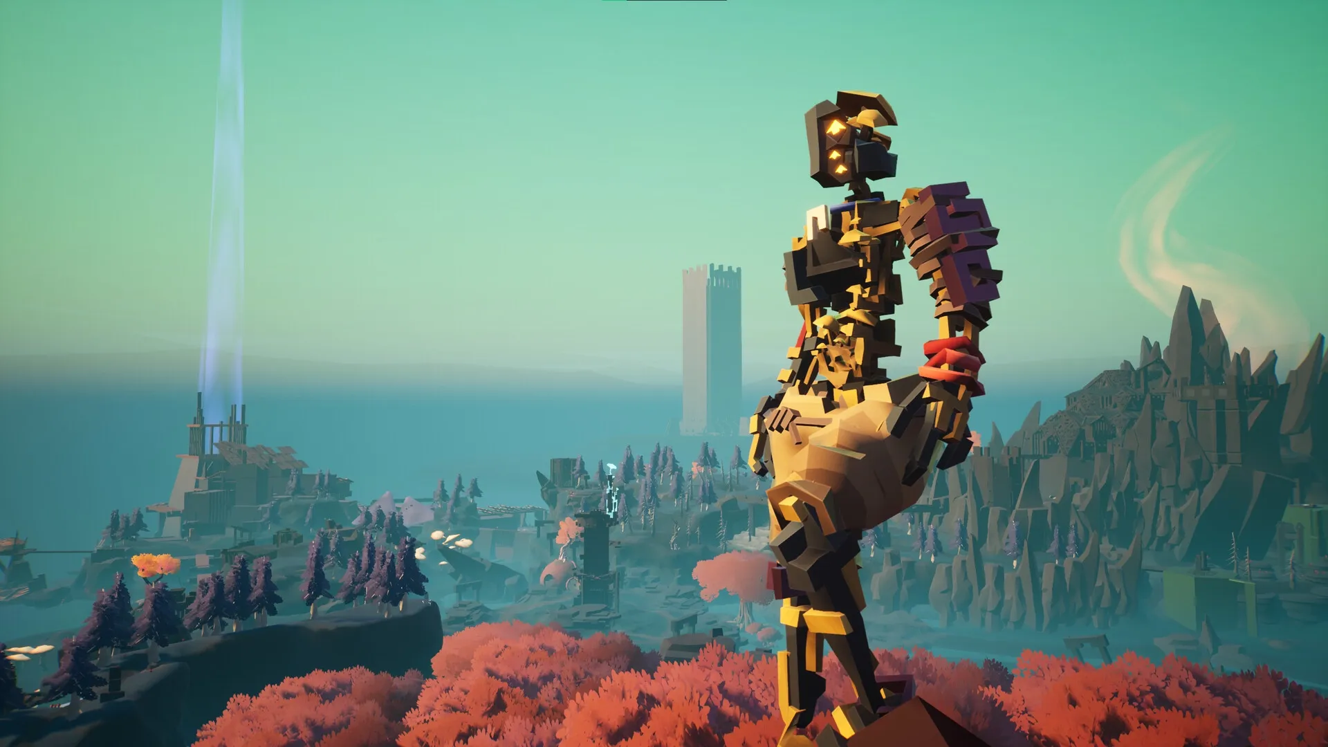 MycoRelic: Giant mushroom robot overlooks a vast island landscape with ancient towers and structures