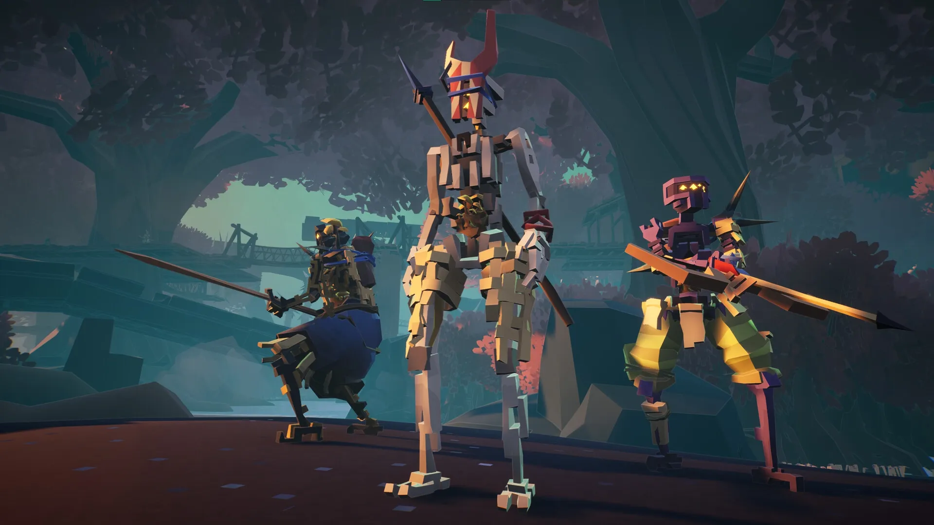 MycoRelic: Three tribal mushroom robots armed with spears stand in a shadowy forest setting