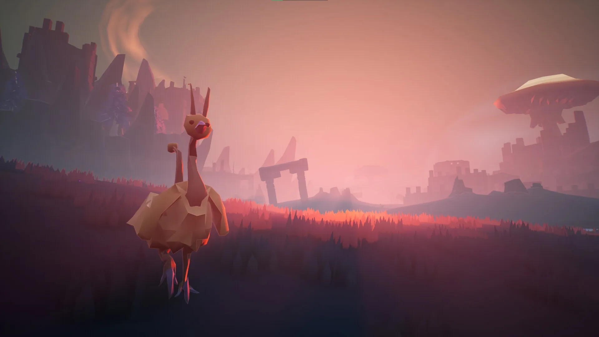 MycoRelic: Robotic creature wandering a mystical landscape with glowing fields and towering ruins