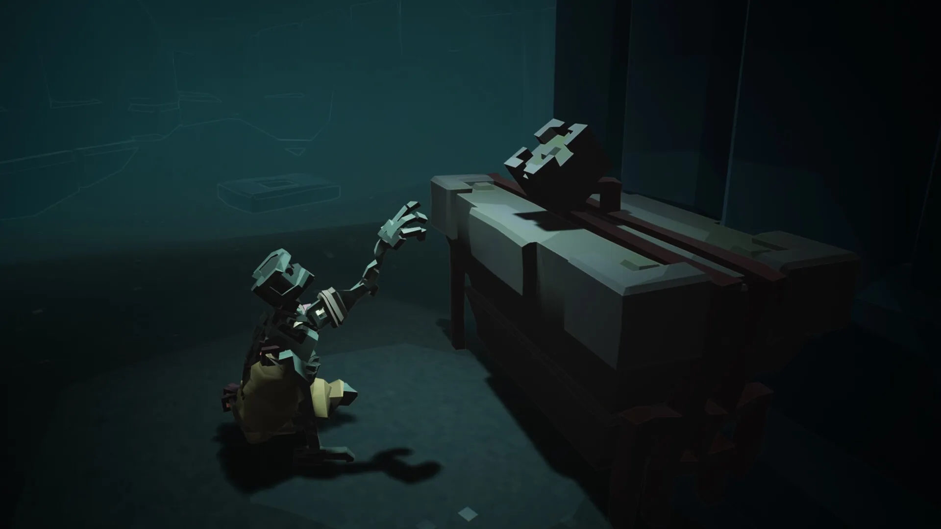 MycoRelic: Robot character kneeling and reaching towards mysterious altar in a dimly lit temple.
