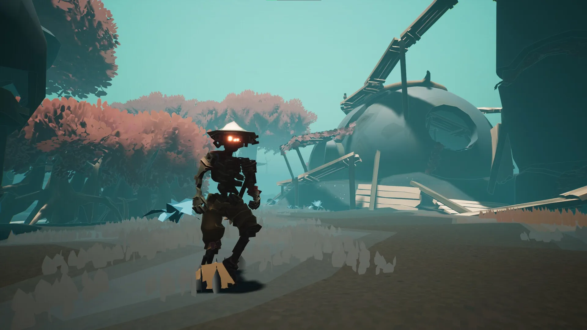 MycoRelic: Robotic character explores derelict foundry surrounded by pink trees and looming structures.
