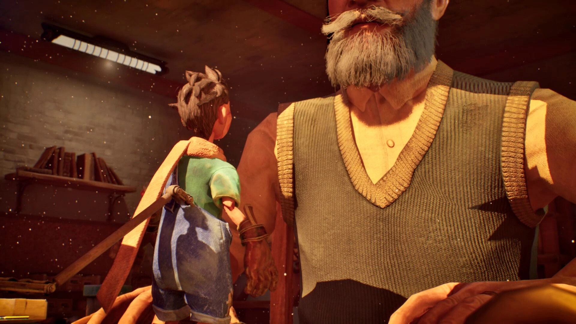 Myrmidon: Puppet character stands on table interacting with bearded man in stop-motion workshop.
