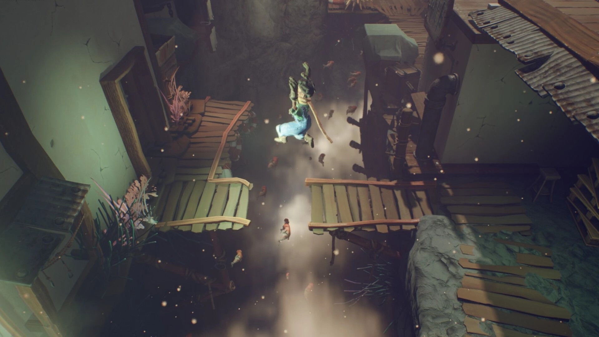 Myrmidon: Puppets leaping between broken wooden platforms in a dimly lit animation workshop.