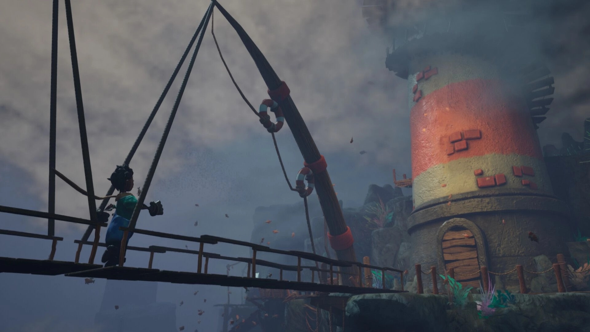 Myrmidon: Puppet crossing rope bridge towards a weathered lighthouse in cloudy stop-motion workshop