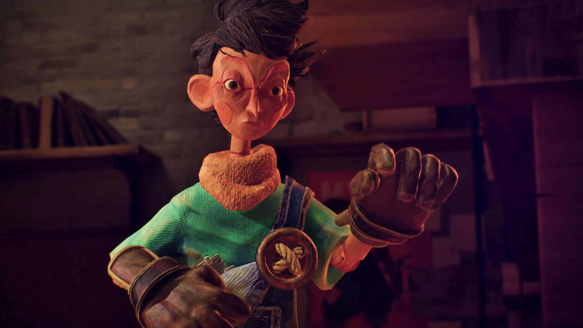 Myrmidon: Puppet character in a workshop setting, wearing a green shirt and gloves, ready for action.
