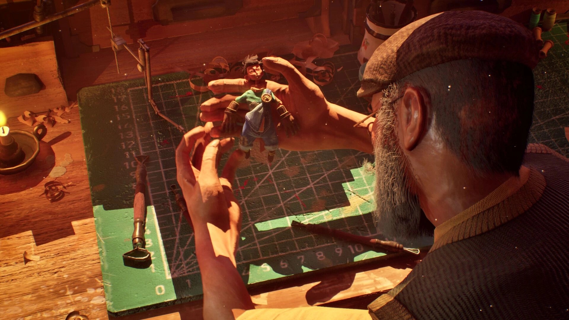 Myrmidon: Animator crafting puppet on workbench in stop-motion animation workshop setting