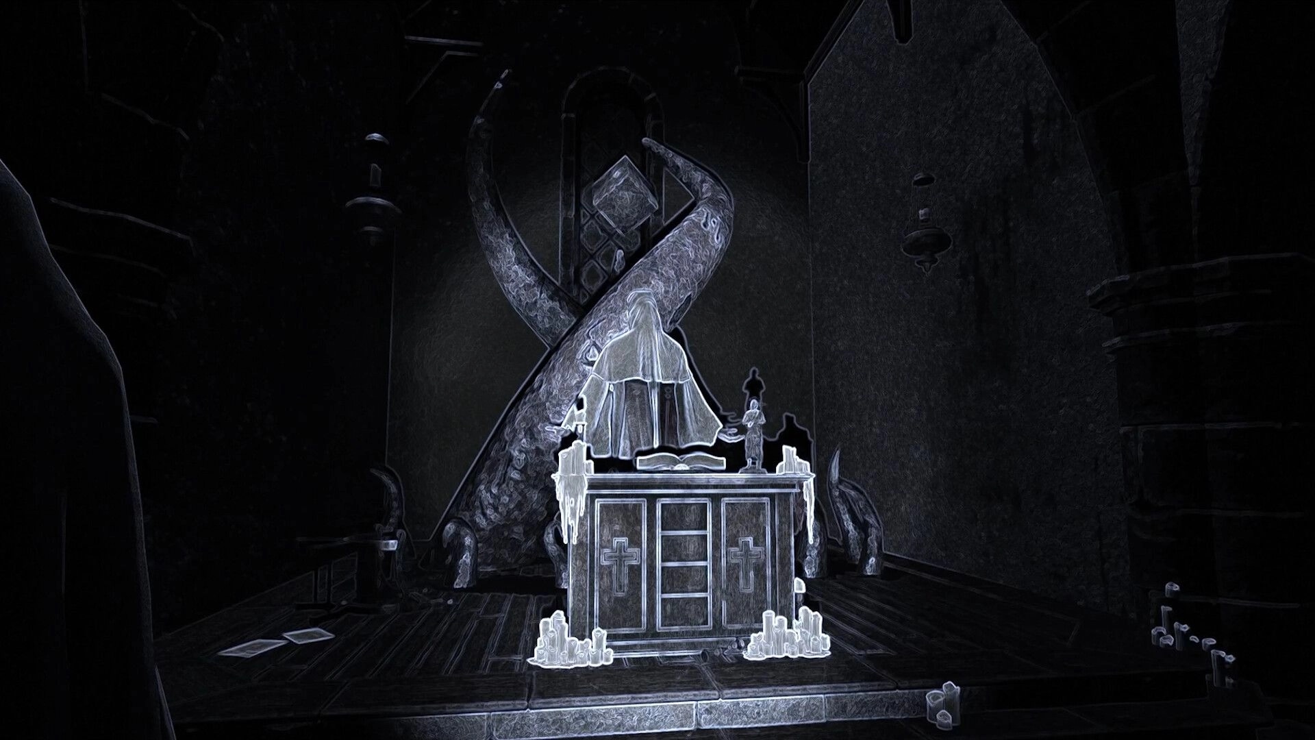 Myth of Valderit: Nil investigates altar surrounded by candles, eerie sculpture in dark village chapel
