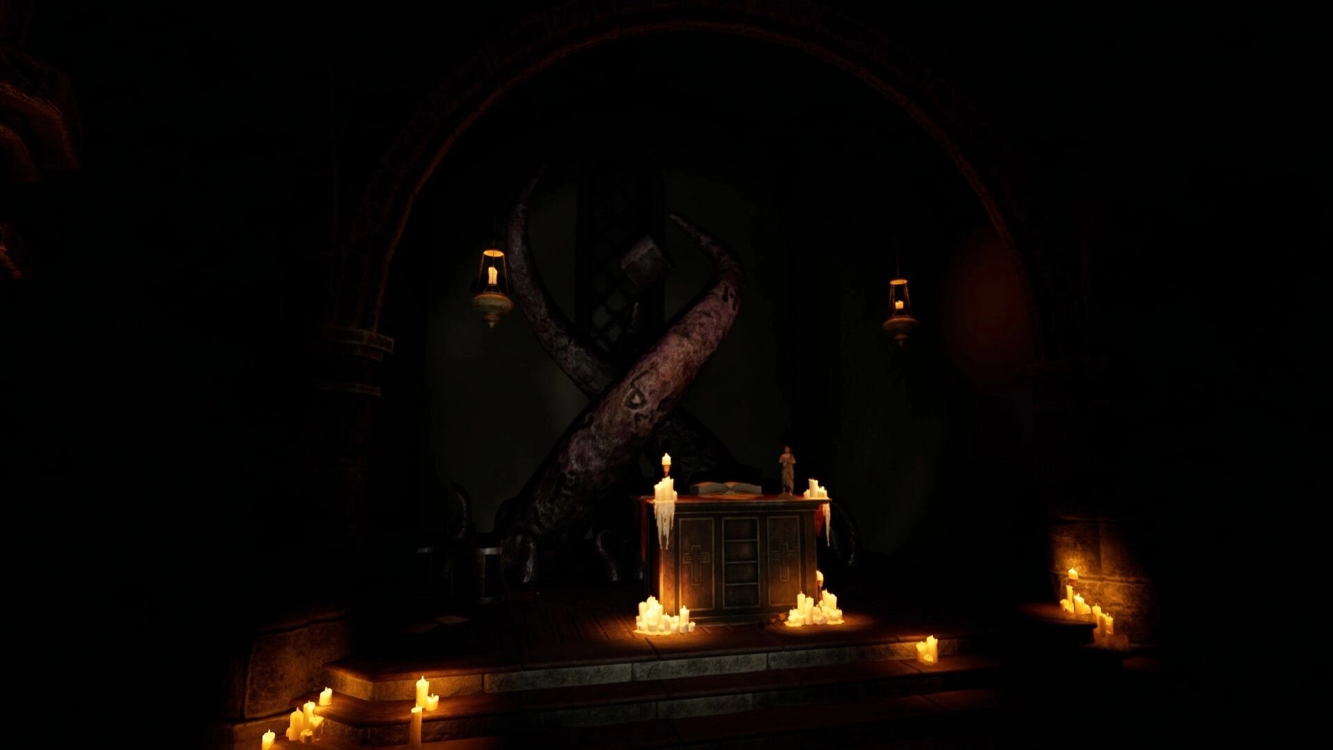 Myth of Valderit: Dark altar with candles and ominous tentacles in a shadowy, ancient chamber