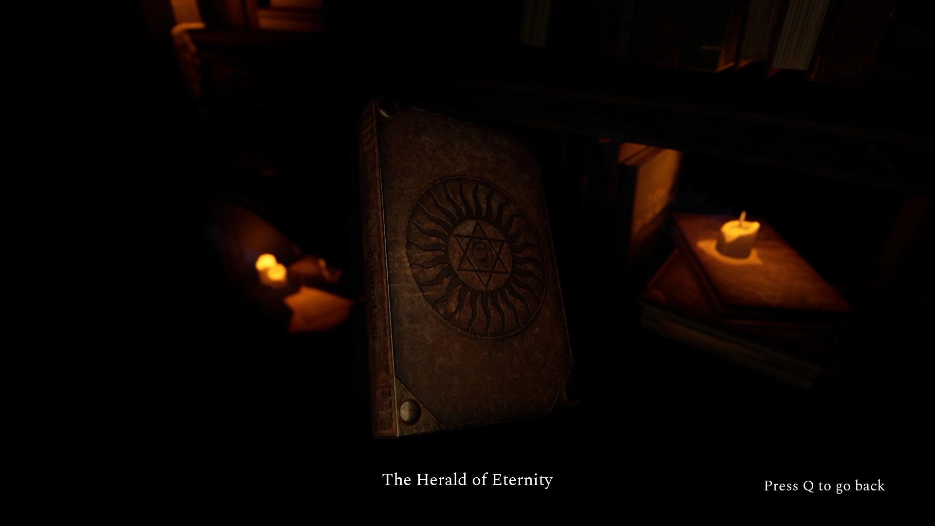 Myth of Valderit: Nil inspects "The Herald of Eternity" book in a dimly lit room with candles.
