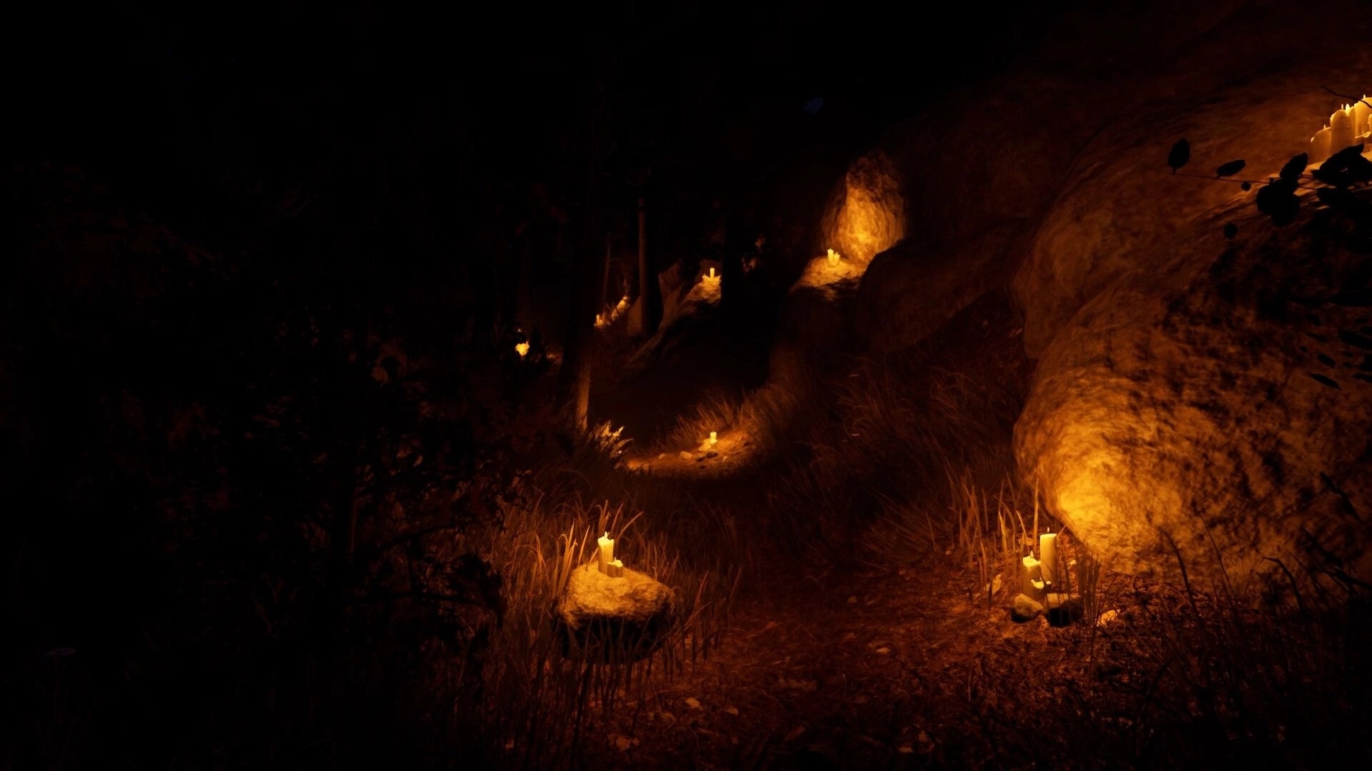 Myth of Valderit: Pathway lit by candles through dark forest in eerie cursed village setting