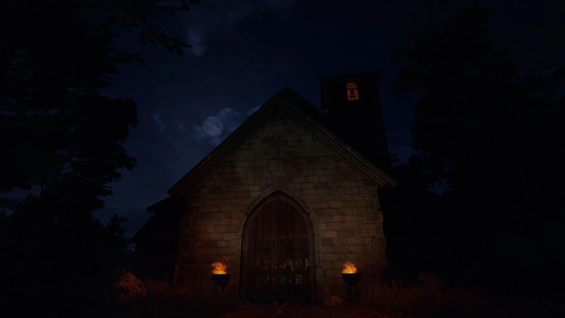 Myth of Valderit: Dark village church entrance under full moon with two lit torches on either side