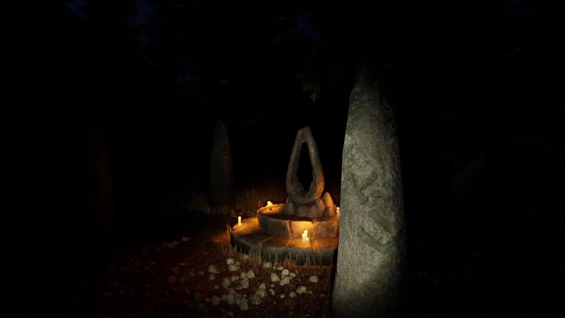 Myth of Valderit: Illuminated stone altar surrounded by candles in a dark, eerie forest setting