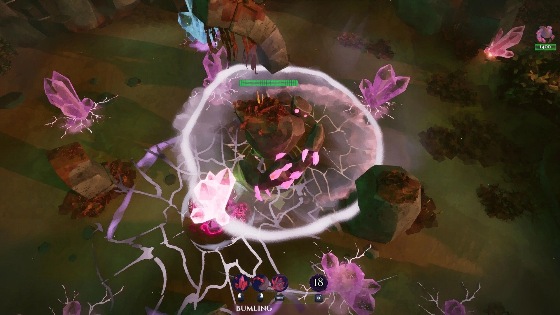 Mythbreak: Boss monster inside crackling shockwave amid purple crystals in a rocky arena UI visible.