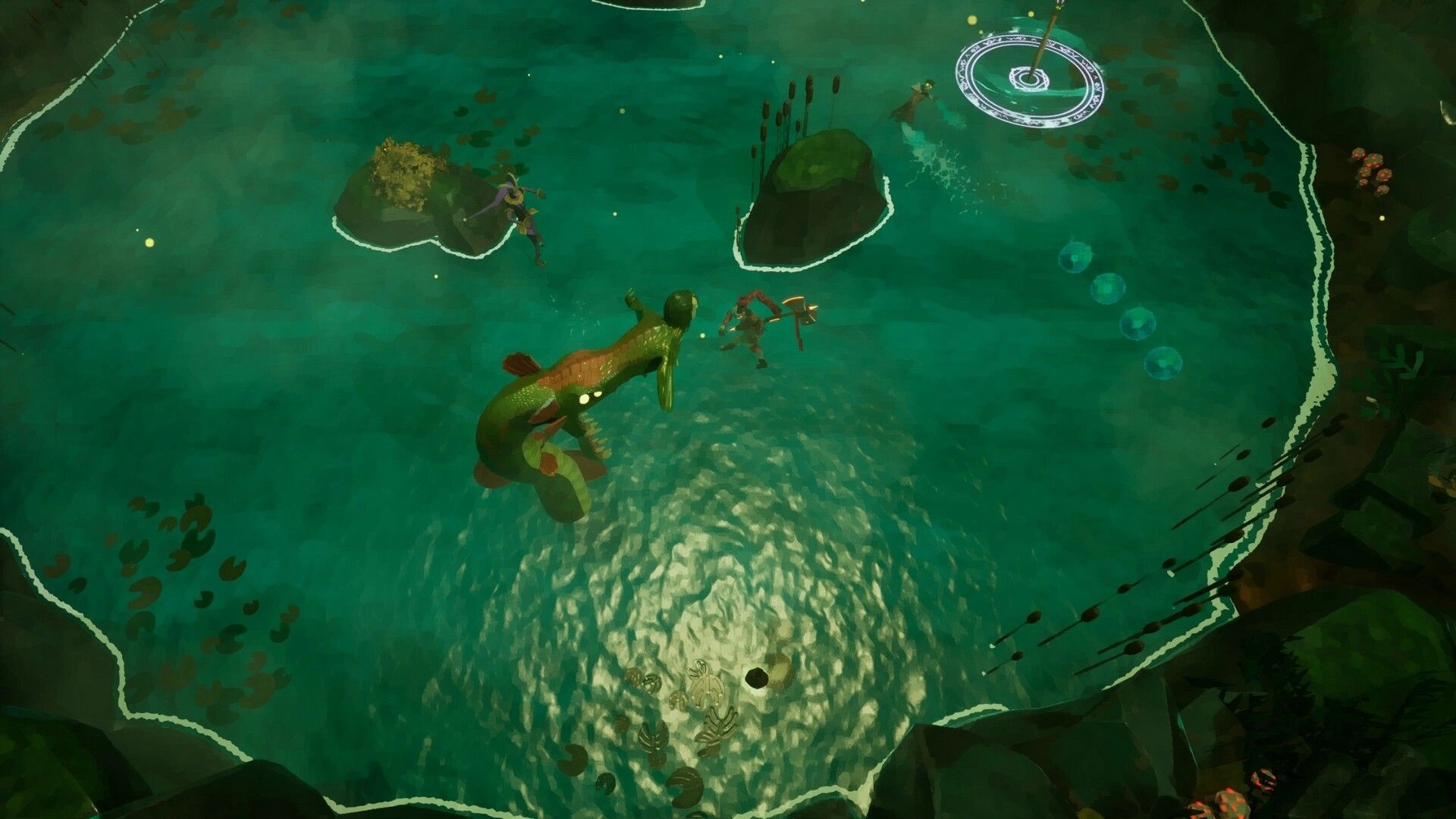 Mythbreak: Top-down boss fight as a giant serpent chases heroes in a flooded arena with runes.