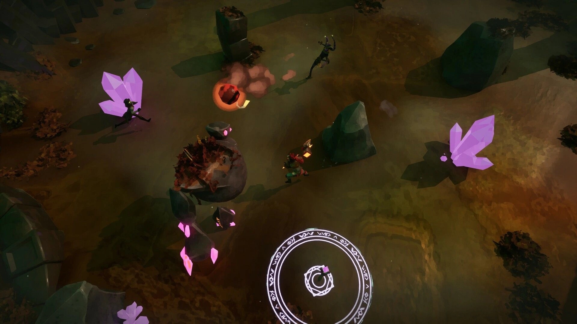 Mythbreak: Top-down fight as heroes dodge a fireball near glowing crystals in a rocky arena map.