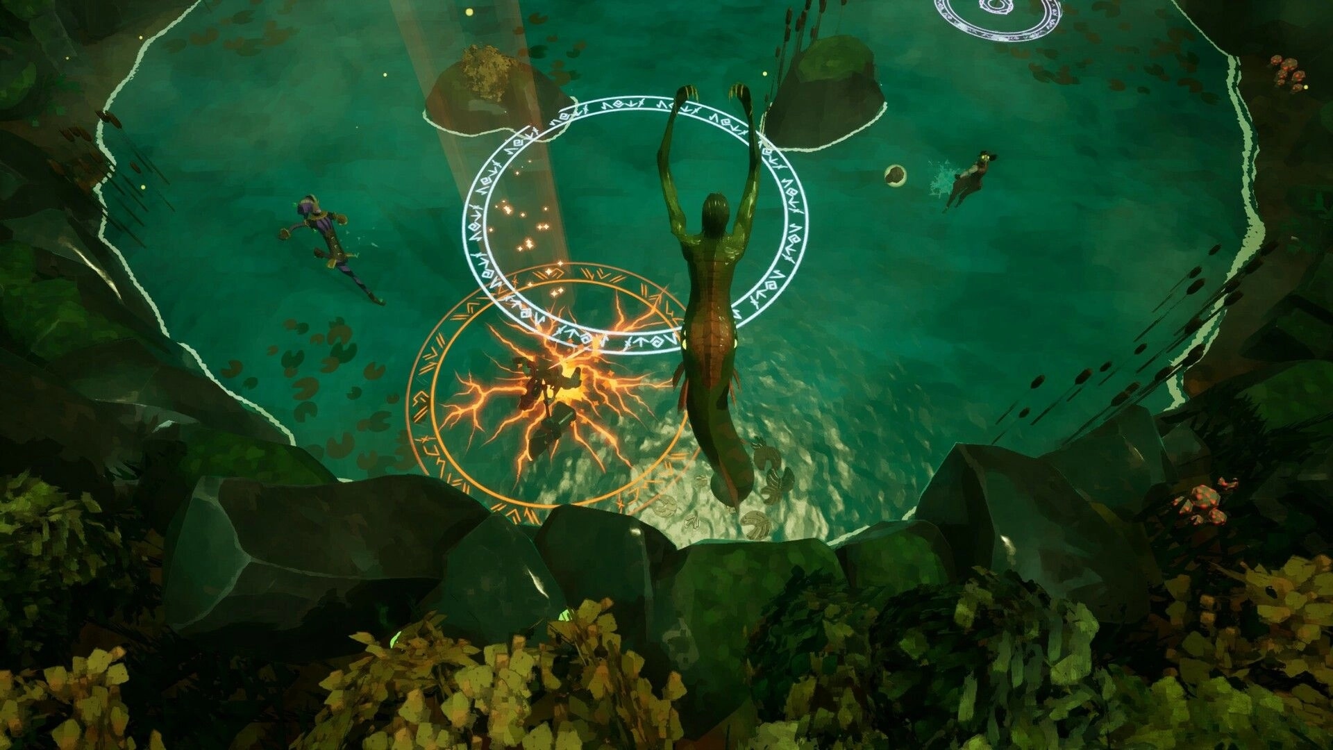Mythbreak: Overhead arena fight with three heroes and glowing rune circles in a flooded stone pit.