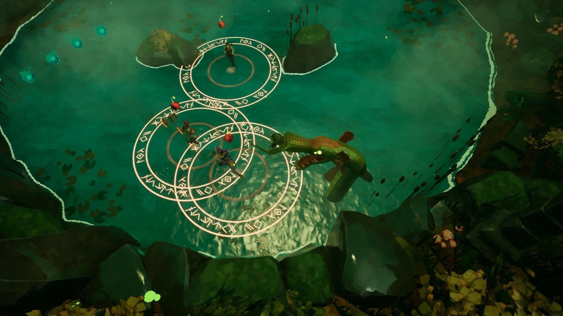 Mythbreak: Top-down battle with three heroes and a crocodile in a swamp, rune circles glowing.