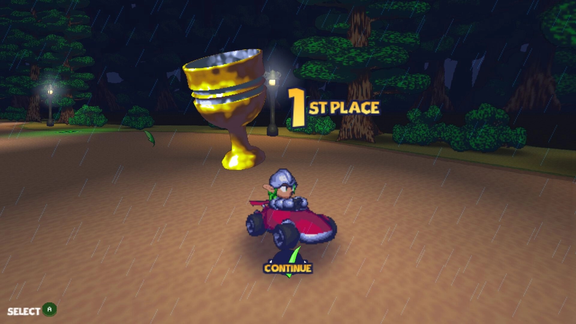 Mythic Kart Maker: 1st place win screen with trophy and continue prompt on rainy forest track.