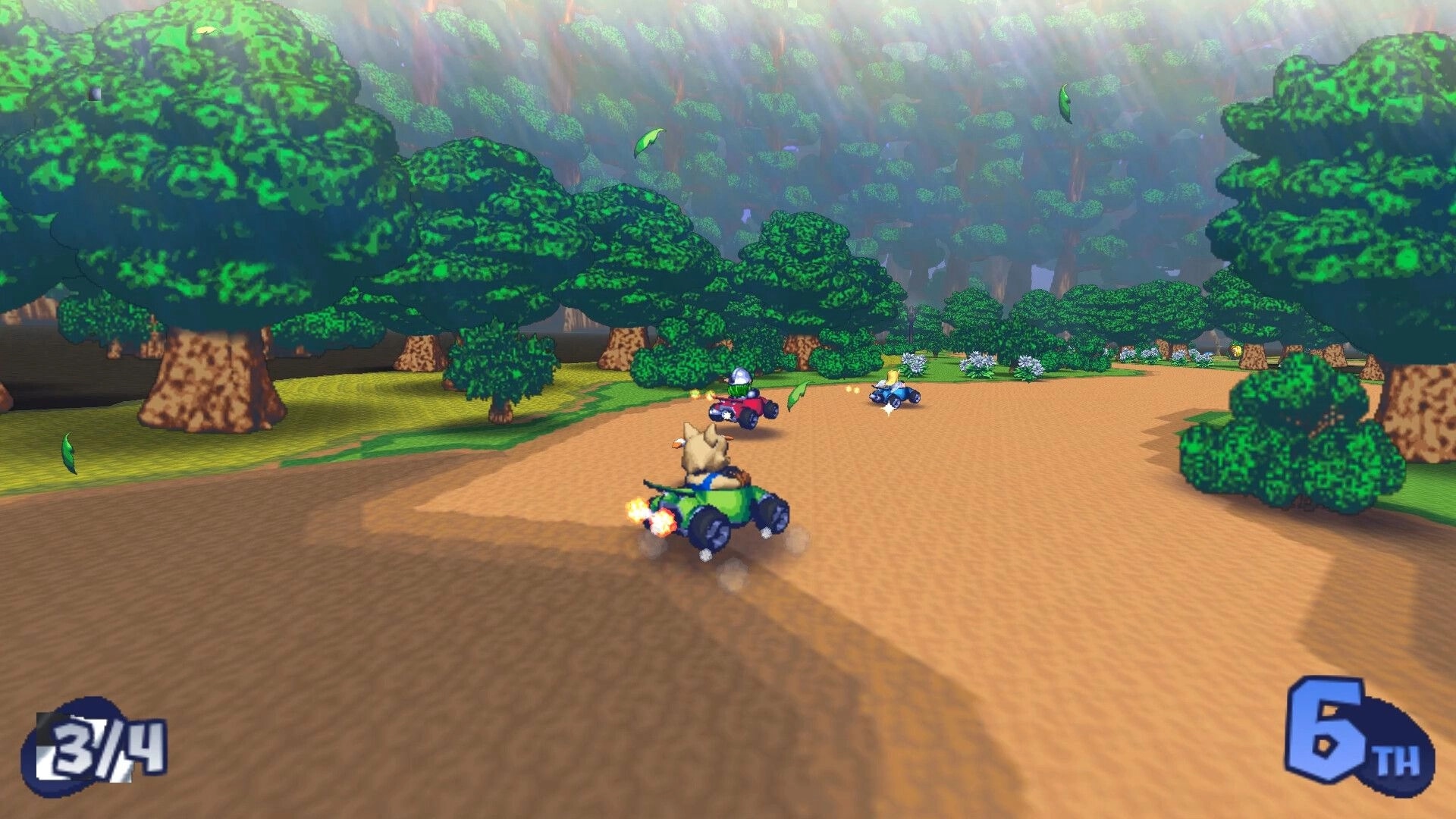 Mythic Kart Maker: Kart racing chase in 6th place on forest dirt track, lap 3/4 HUD visible.