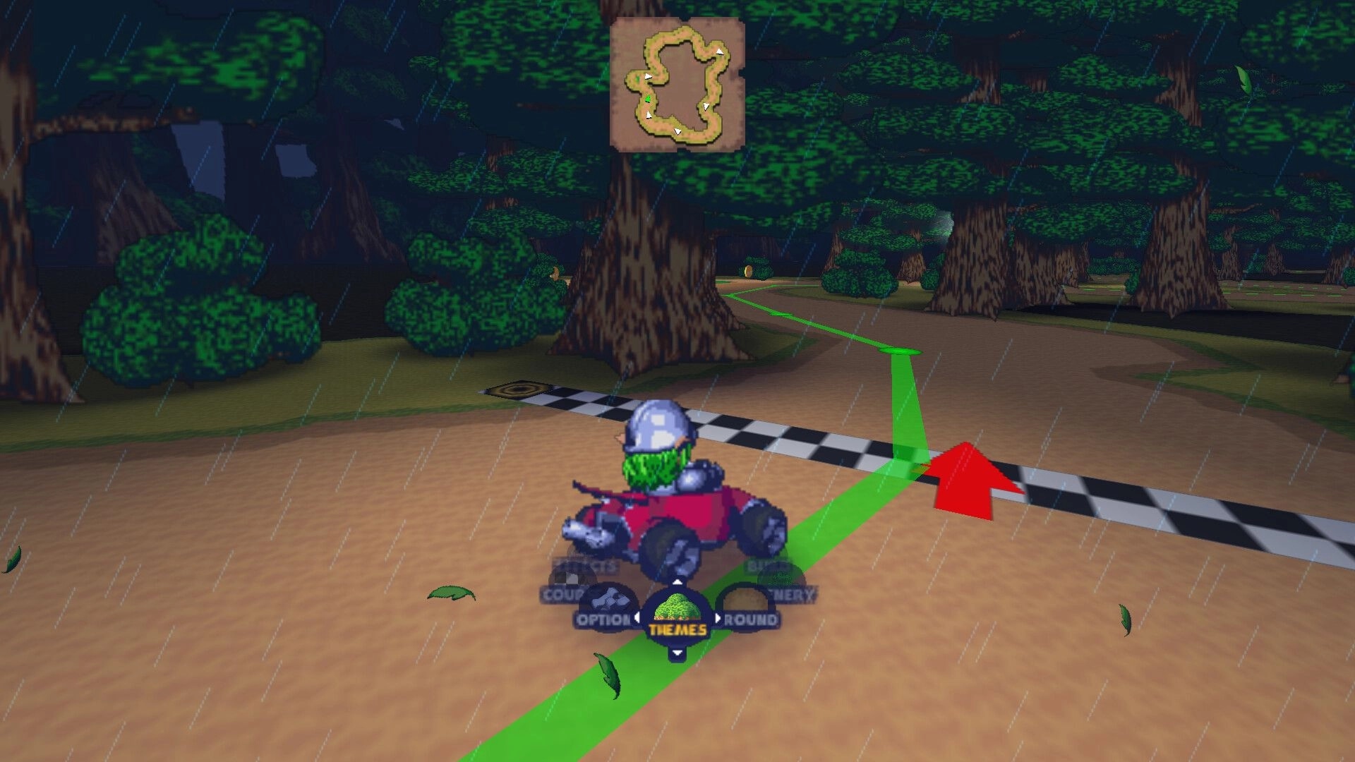 Mythic Kart Maker: Kart at finish line with route arrow and mini-map on a rainy forest track.