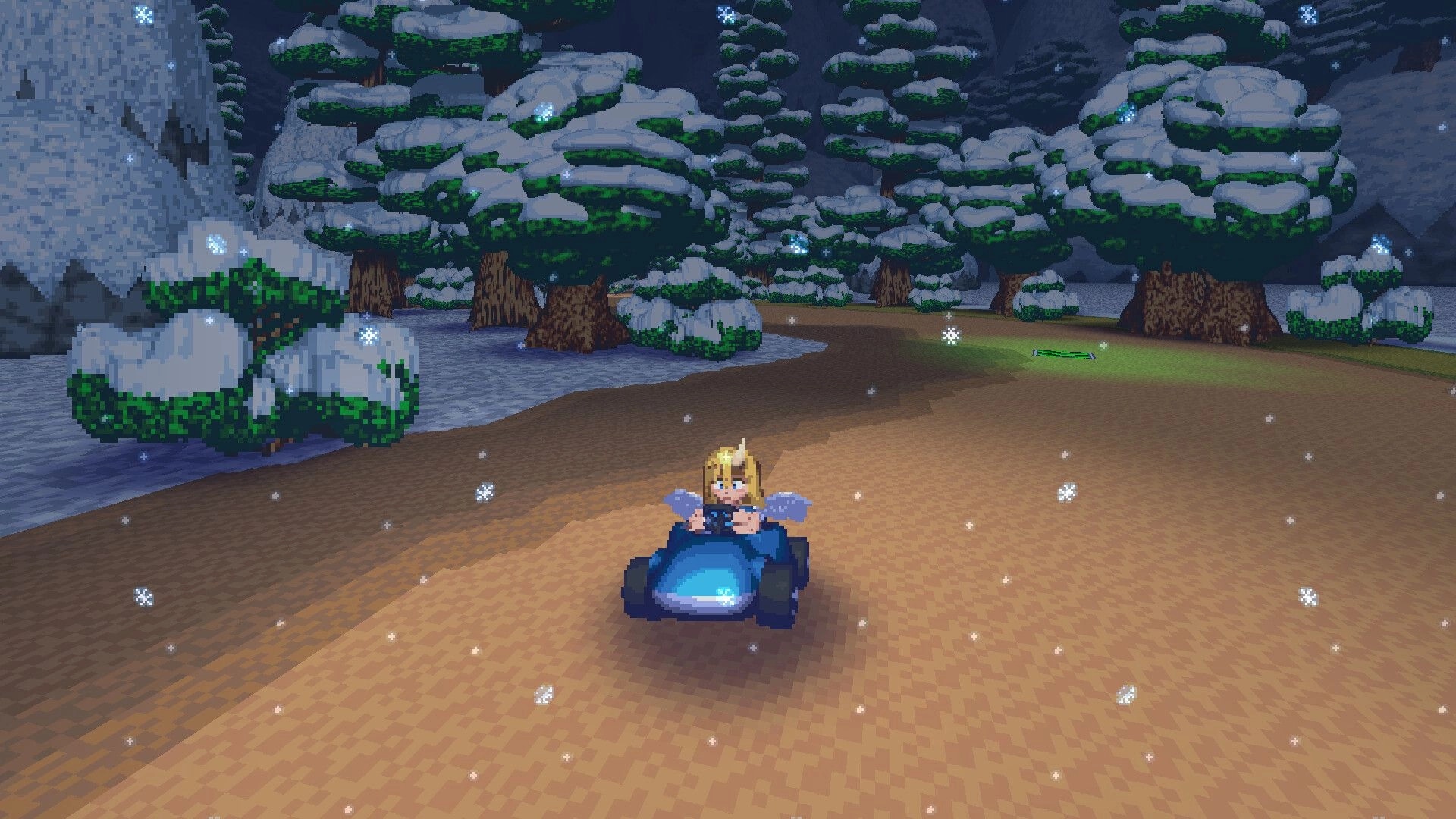 Mythic Kart Maker: Winged blonde driver in blue kart on snowy forest dirt track with falling snowflakes.