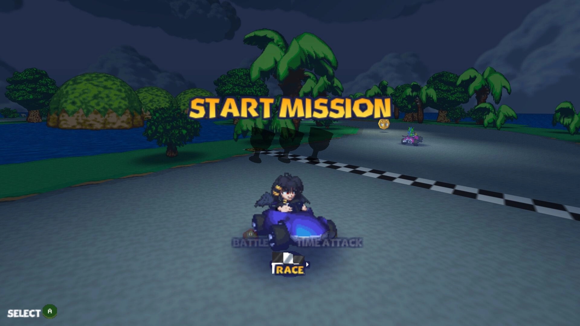 Mythic Kart Maker: Start Mission prompt over kart at checkered line on tropical island track at night.