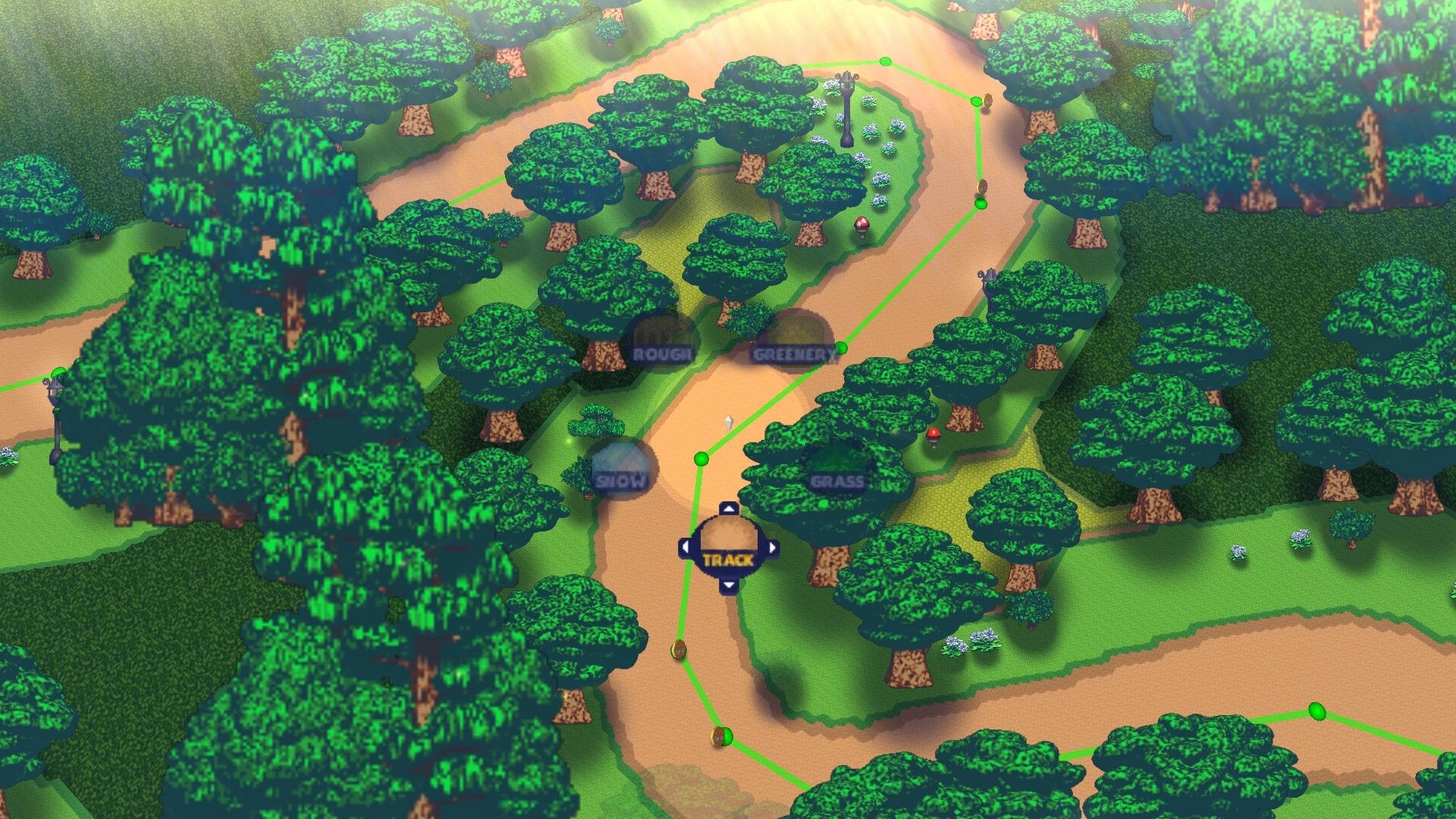 Mythic Kart Maker: Track path editor with green nodes and terrain buttons in a forest course map.