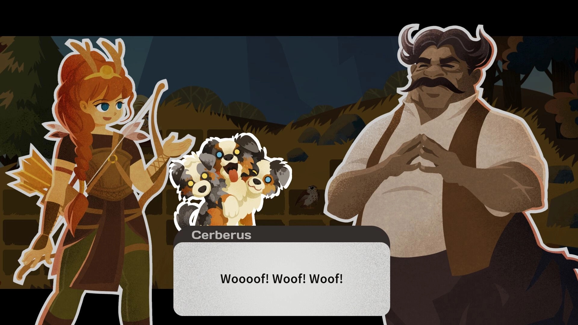 Mythmatch: Artemis converses with Cerberus in a forest, while a man observes with a thoughtful expression.
