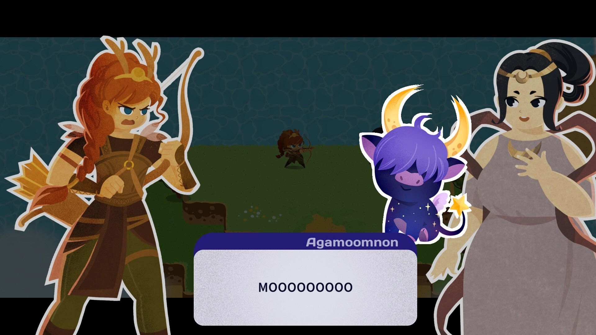 Mythmatch: Three characters in dialogue scene with Agamoomnon, archer, and goddess on grassland.