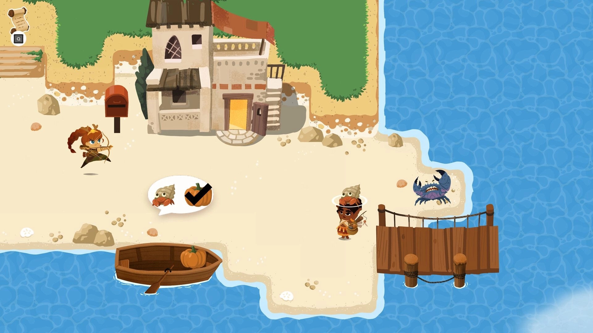 Mythmatch: Characters on a beach near a house and dock, with a crab, boat, and dialogue bubble.