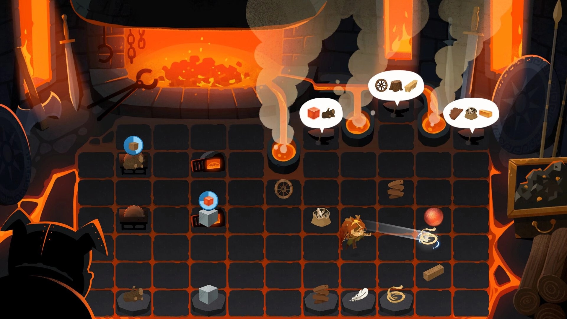 Mythmatch: Forge room puzzle with crafting icons and resource grid in fiery workshop setting.