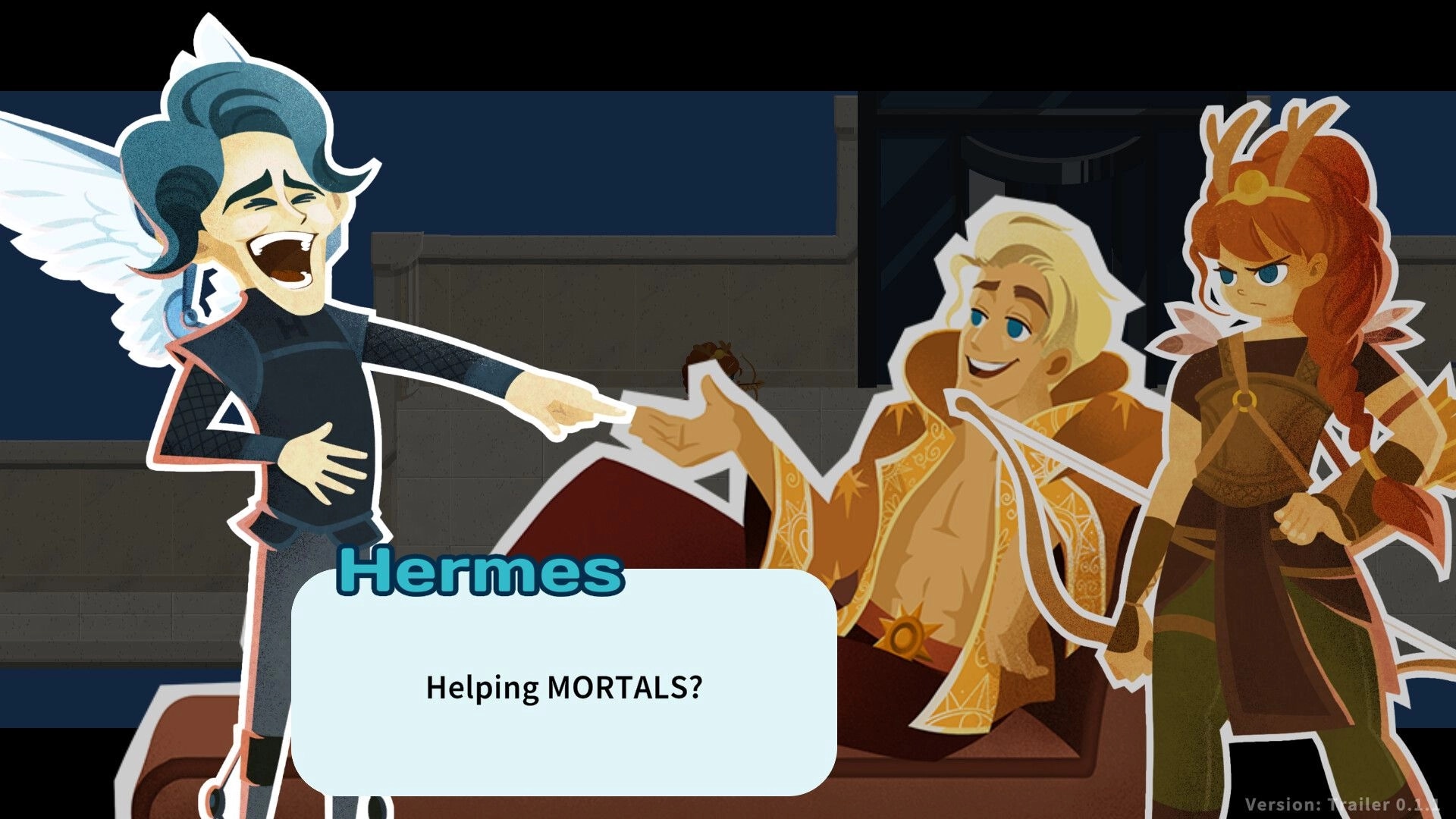 Mythmatch: Hermes questions mortals' aid in a dialogue scene with two other mythological characters indoors.