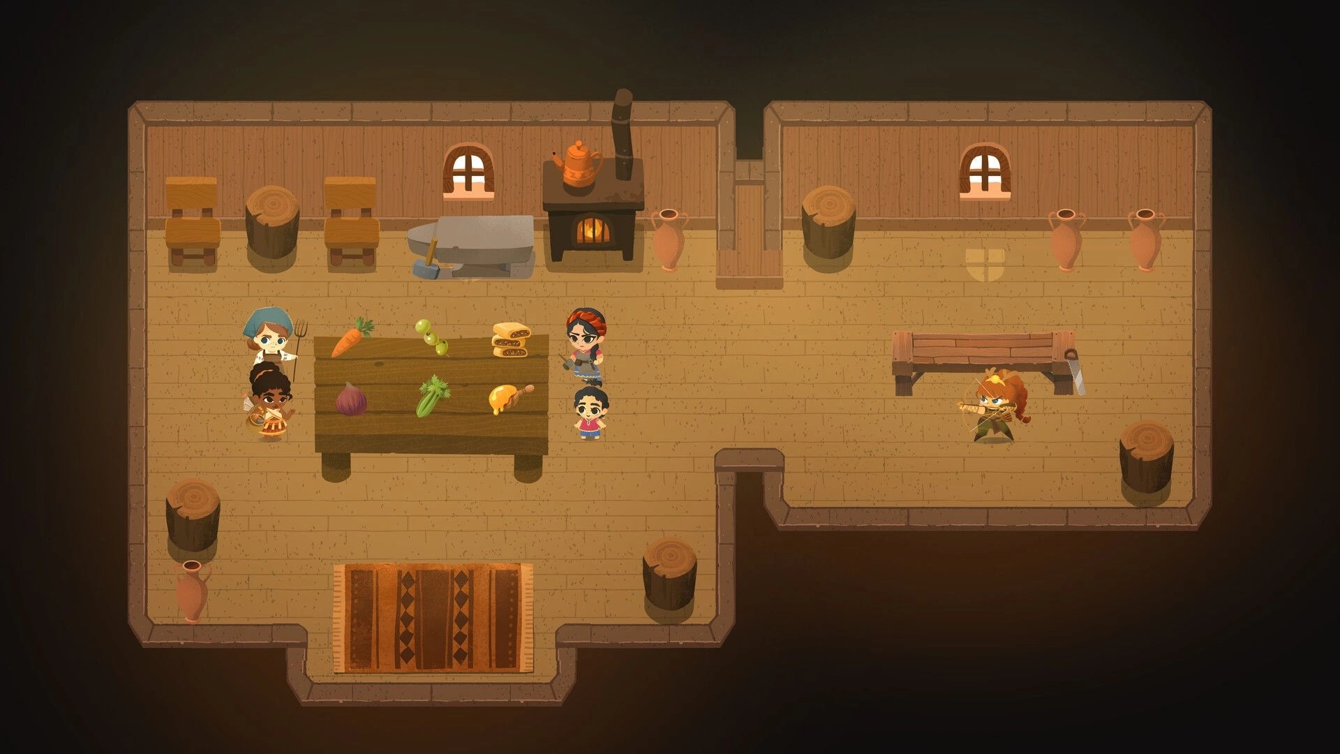 Mythmatch: Characters gather around a table with food items in a cozy wooden kitchen setting.
