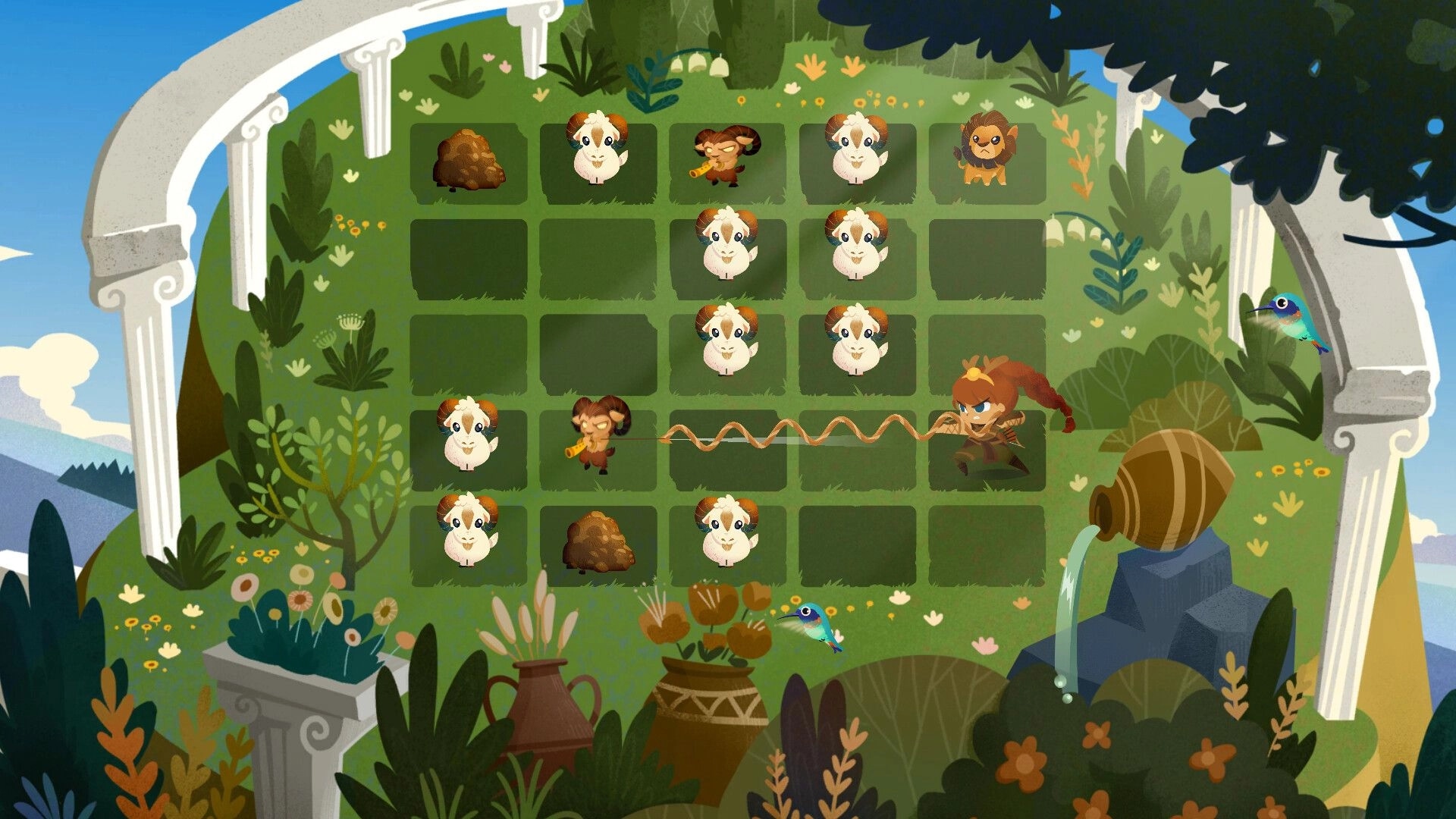 Mythmatch: Puzzle grid with sheep merging, flutist character, and scenic garden environment