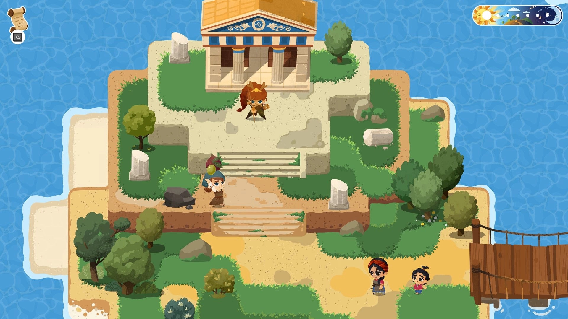 Mythmatch: Character carrying fruit near temple ruins by the sea with a day-night cycle indicator.