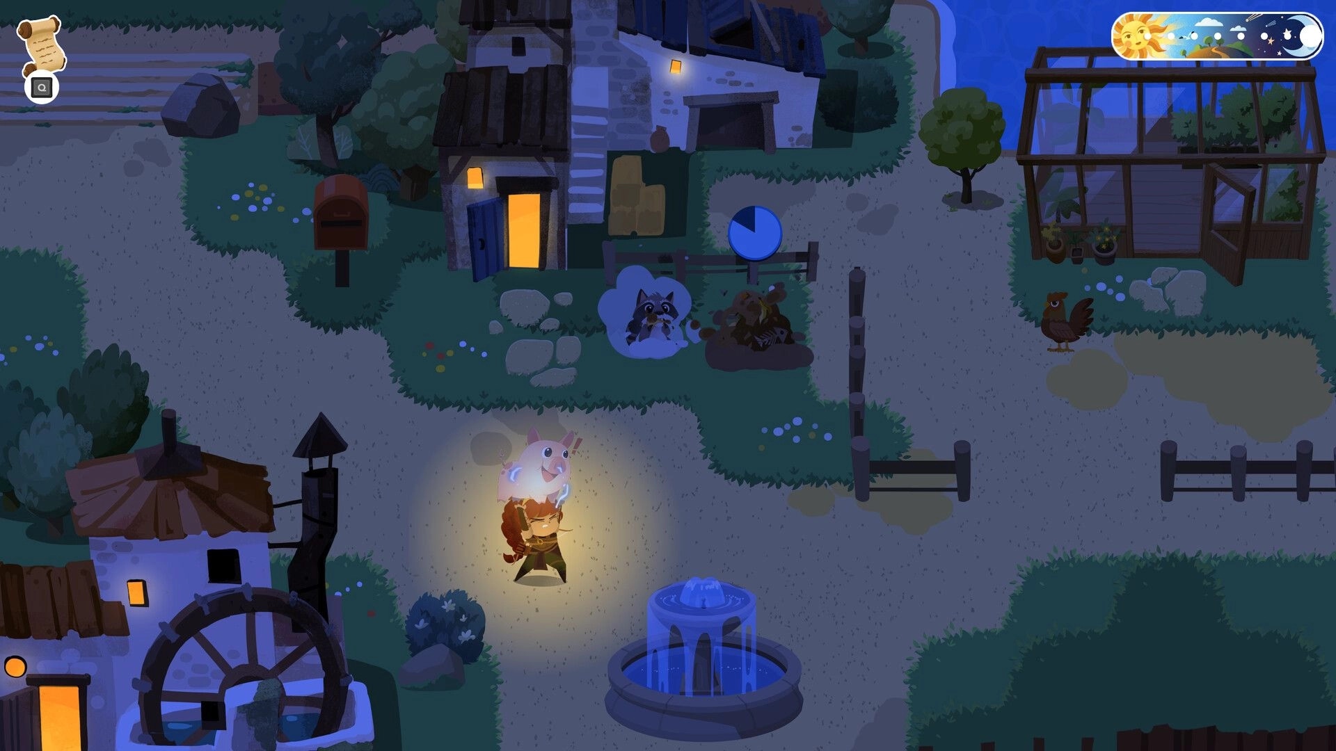 Mythmatch: Character with glowing pig companion walks through night village with fountain and buildings