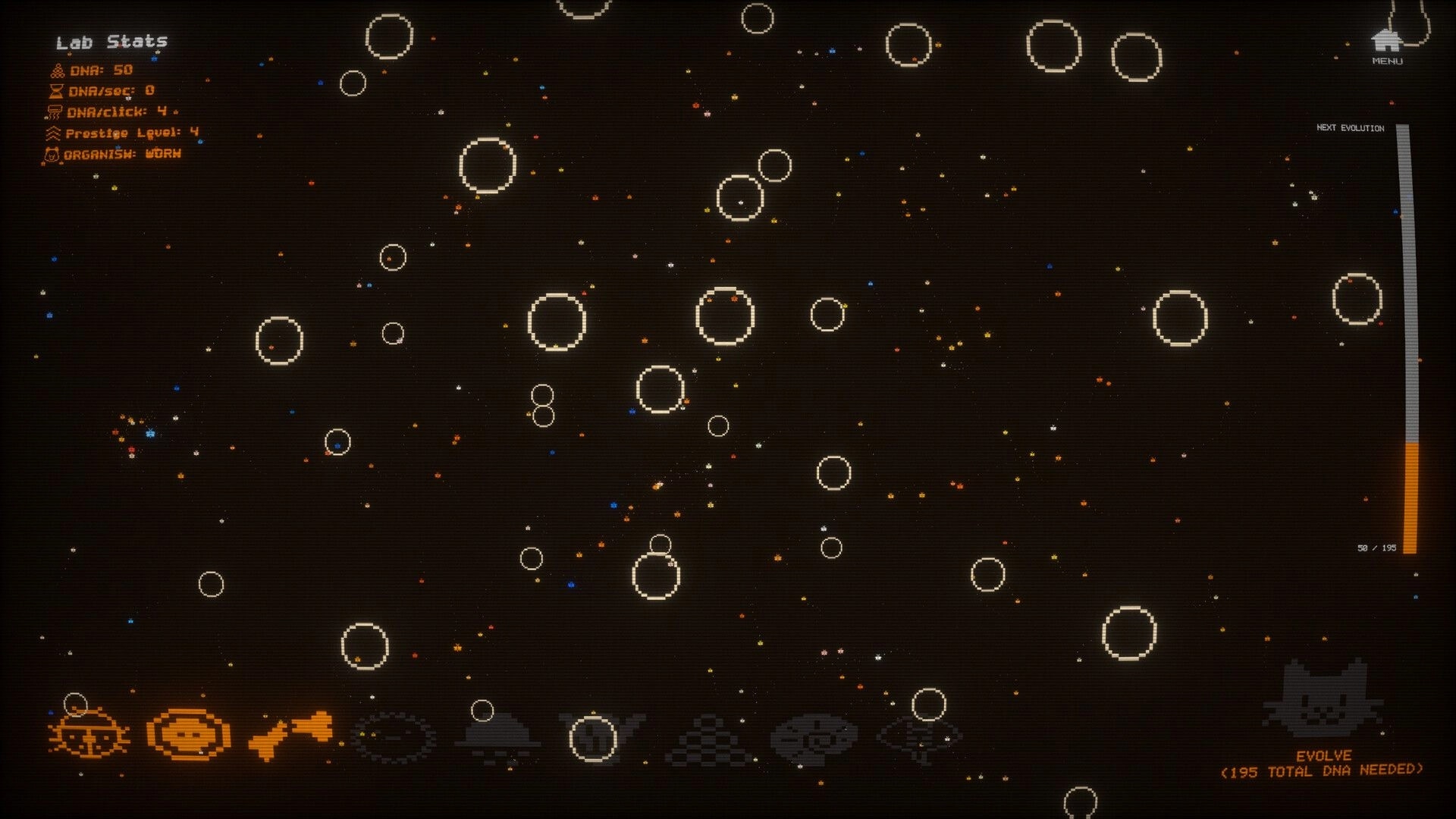 Mytosis: Evolving organisms in space environment with DNA stats and evolution progress bar visible