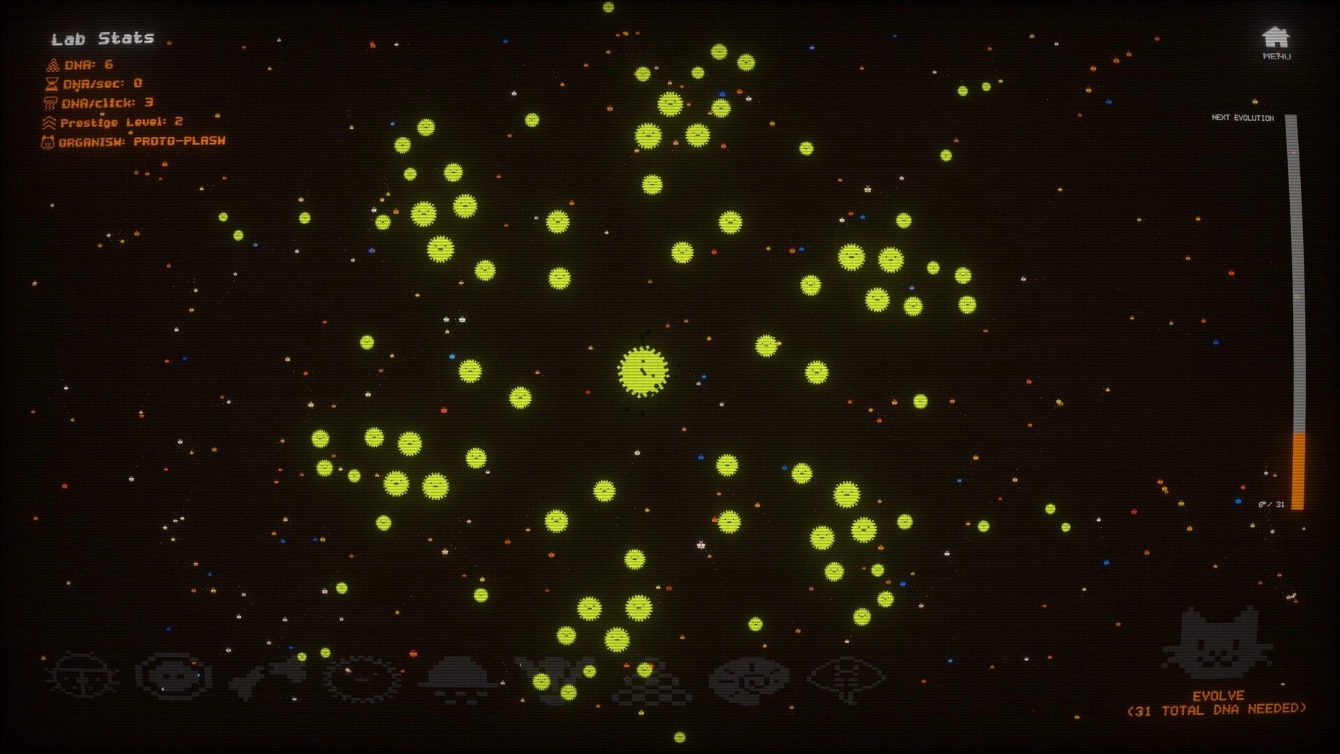 Mytosis: Proto-plasm organisms evolving in a dark space with stats and evolution bar displayed