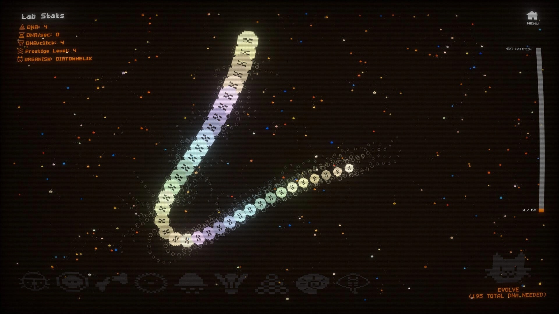 Mytosis: Evolving Diatohelix organism in space-themed interface with lab stats and evolution options.