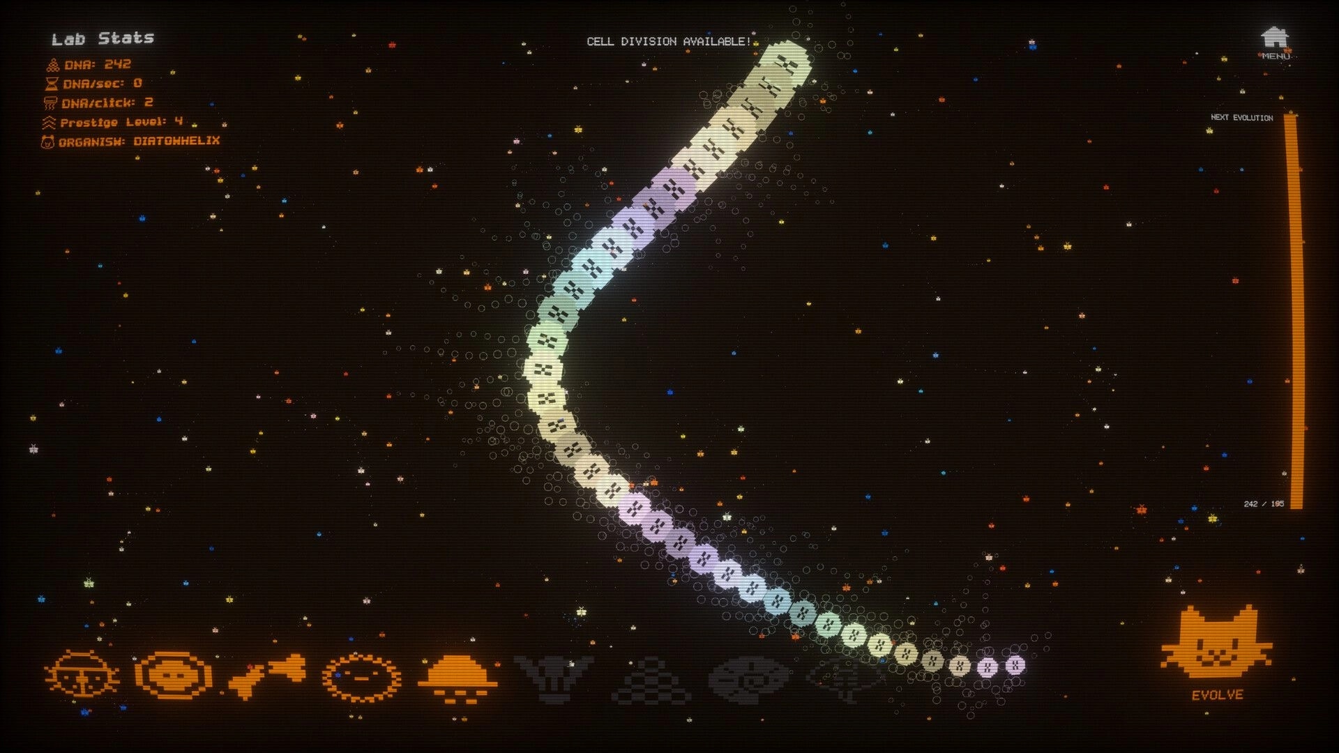 Mytosis: DNA chain evolving in space-like environment with lab stats and evolve button visible