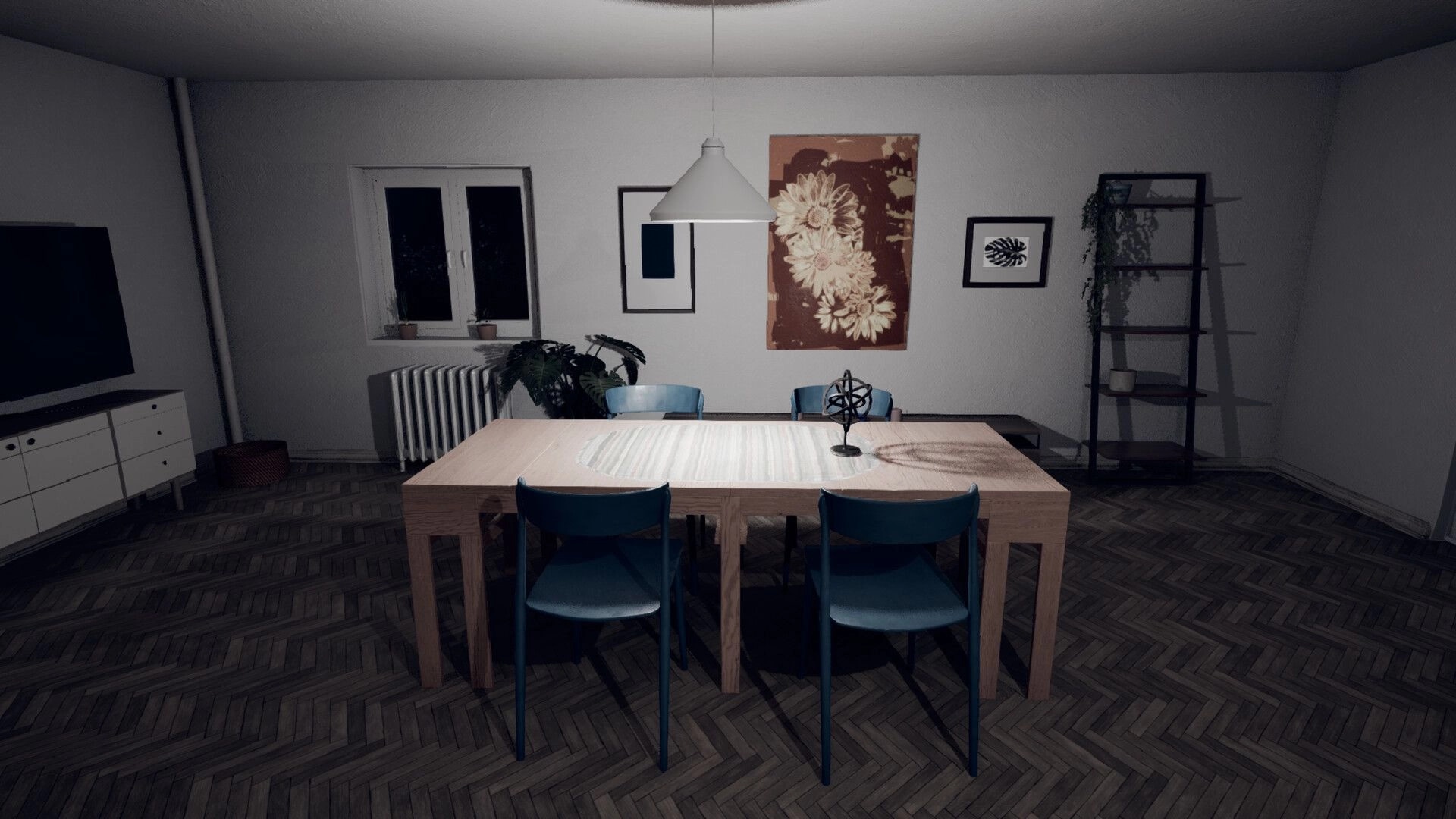 Nachtschicht: Dimly lit dining room with wooden table and blue chairs, artwork on walls, and a bookshelf.