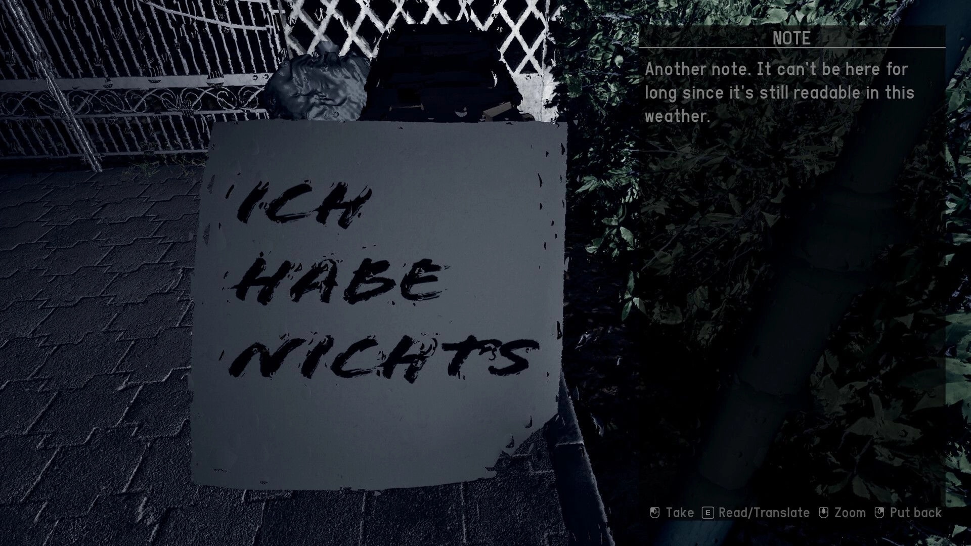 Nachtschicht: A handwritten note on a pathway next to a gate, with translation and interaction options.