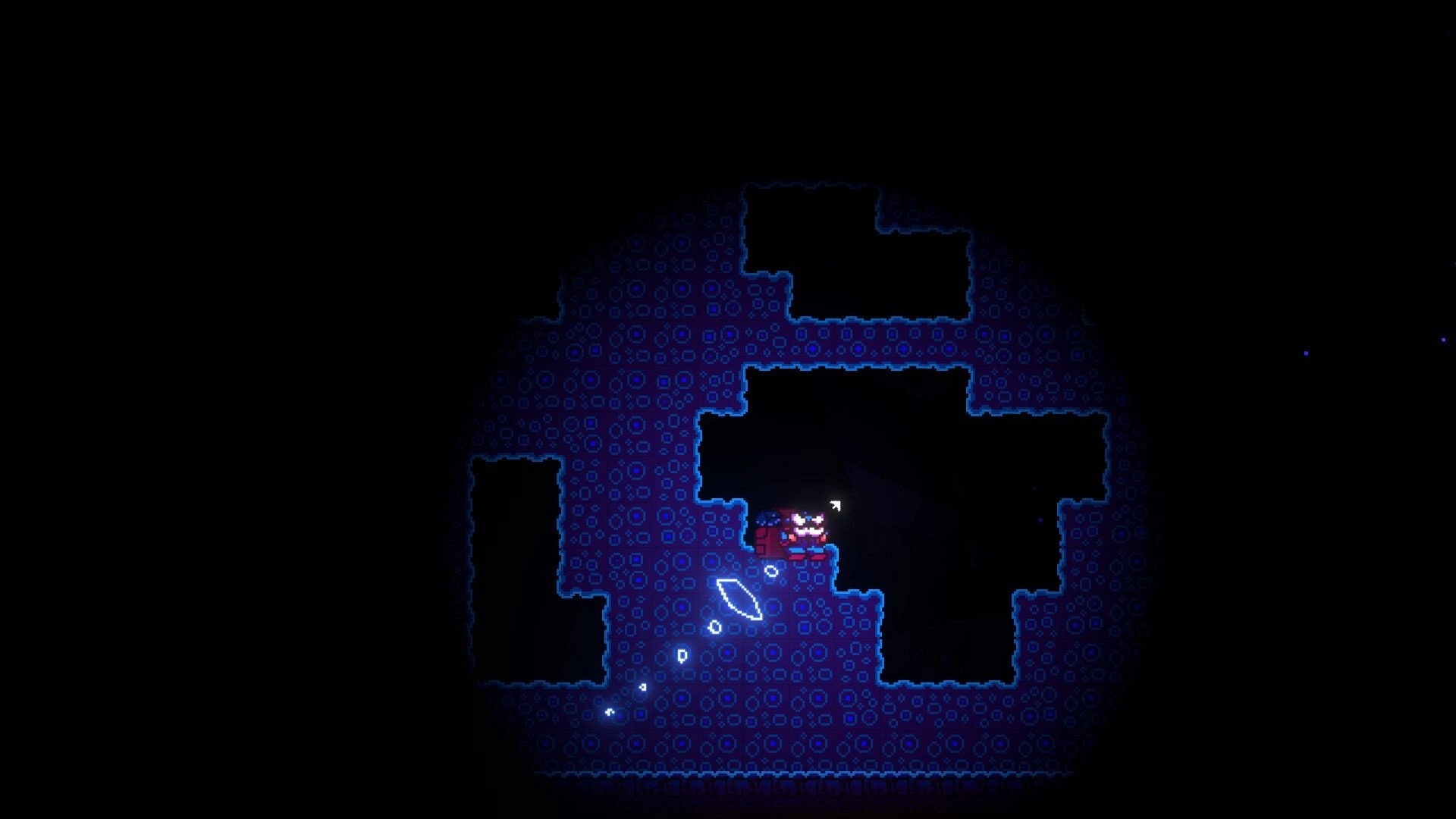 NAICA: Pixel adventurer clings to a ledge beside a glowing shard in dark blue crystal caverns.