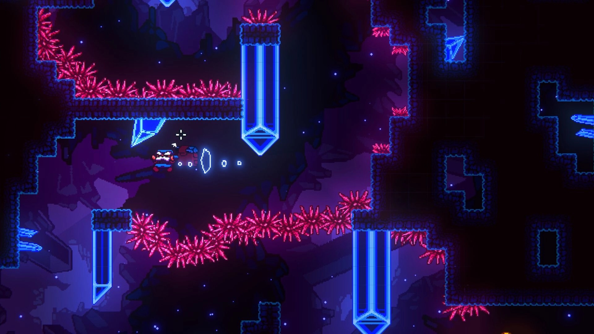 NAICA: Player dashes past a ring portal between glowing crystals and pink spikes in dark cave maze.