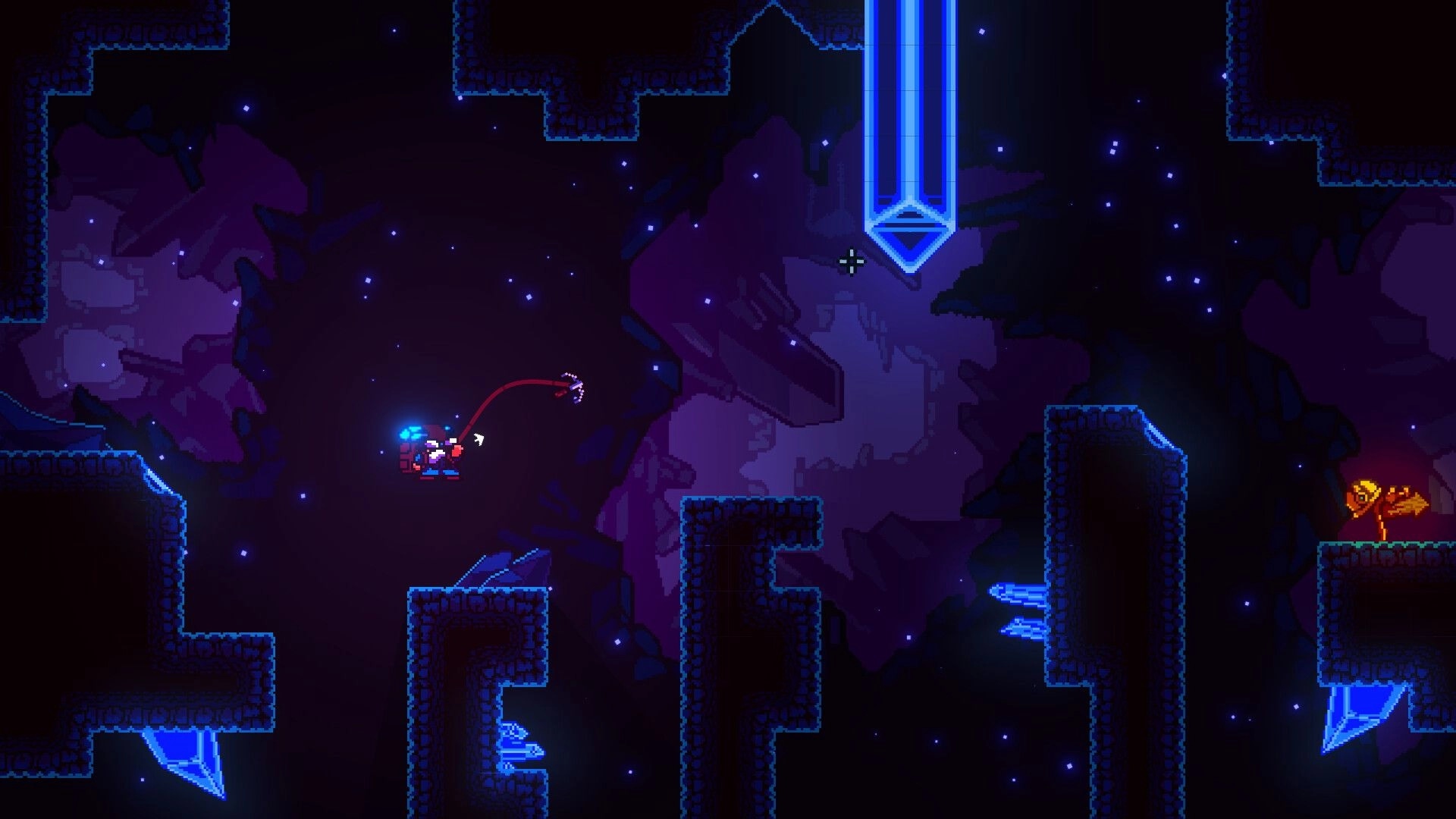 NAICA: Grappling hook swing between platforms in a dark crystal cave with glowing blue pillars and crosshair.